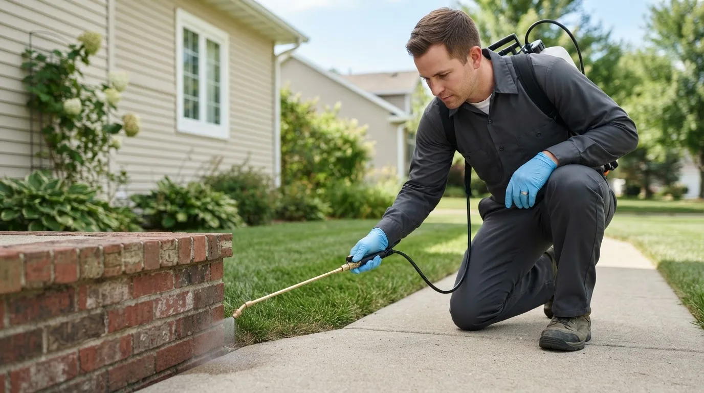 Pest control technician treating a home near Howe, ID